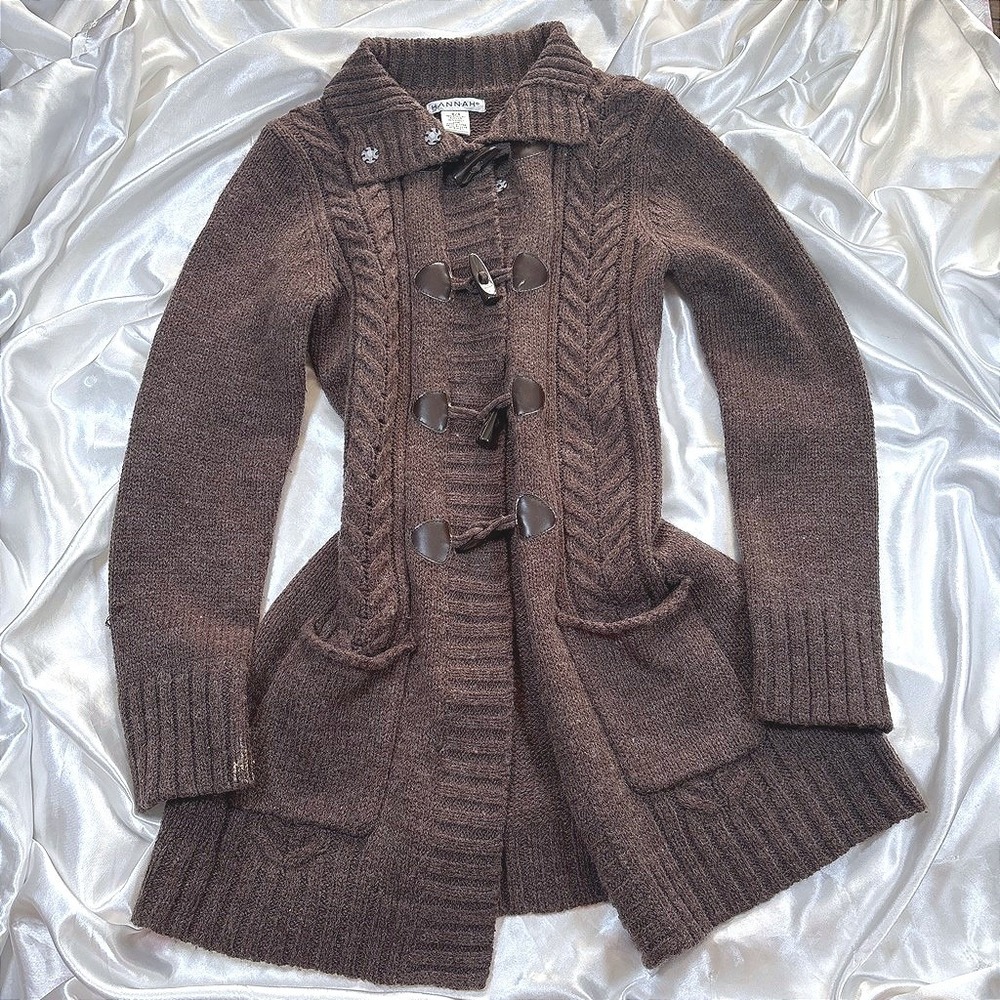 y2k Cardigan Brown Excellent Hannah Cable Knit Toggle Button Wool Blend Sweater